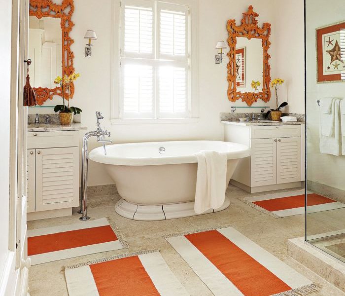 Blue and orange bathroom decor