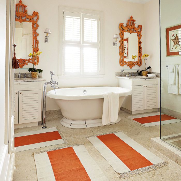 Blue and orange bathroom decor